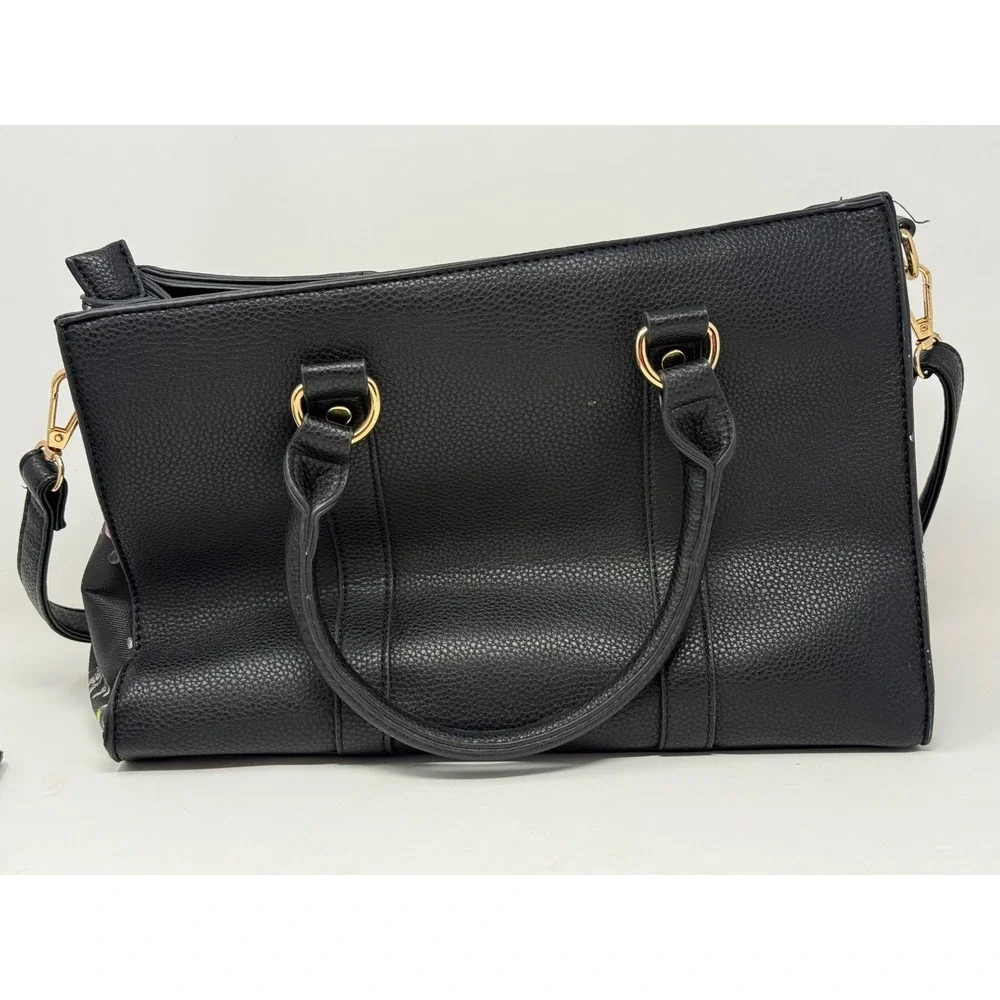 Dasein Floral Butterfly Satchel Handbag 3 Piece Set Black Gold Metallic Vegan